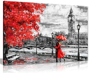London Oil Painting Artwork Reproduction Big Ben Red Umbrealla Canvas Wall Art Picture Print (24X16)