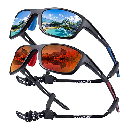 OKH 2 Pack Polarised Cycling Sunglasses Wrap Around Men Women Retro Sun Glasses UV Protection Outdoors Sports Biking Running Fishing Hiking Driving Eyewear with Rope Strap