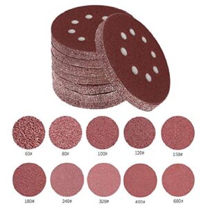 100 Pieces 5 Inch With 8 Holes Dustless Hook-and-Loop Circular Sanding Discs Sandpaper Assorted from 60 to 600 Grits