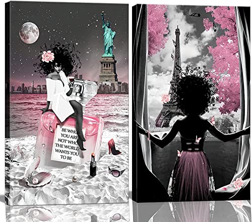 HONEYBABY 2 Pieces Framed African American Wall Art Canvas Fashion Modern Black Girls Women Pink Beach Poster Prints Picture Painting Artwork Set for Bathroom Bedroom Living Room Wall Deco