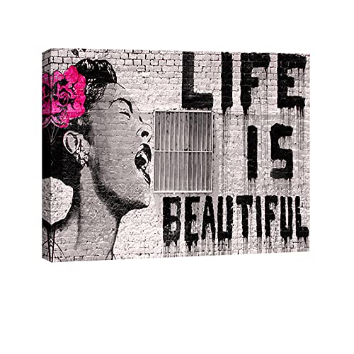 Wieco Art Canvas Prints of Banksy Life is Beautiful Modern Stretched and Framed Giclee Artwork Grey Love Pictures Paintings on Canvas Wall Art for Bedroom Home Office Decorations