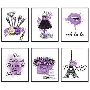 HOGEBIG Purple Makeup Posters Fashion Paris Prints Wall Art Makeup Room Artwork Set of 6 Perfume Flower Lipstick Canvas Art Posters Girl Room Decor for Bedroom (8"x10" UNFRAMED)