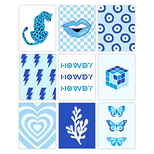 SUPERDANT Aesthetic Canvas Wall Art Prints Blue Modern Art Preppy Room Decor Painting 9PCS Unframed Abstract Eyes Leopards Butterflies Love Artwork for Teen Girls Bedroom Living Room Apartment Dorm