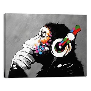 Wieco Art Monkey With Headphones Banksy DJ Chimp Pop Art Cool Ape Abstract Canvas Prints Wall Art Paintings for Living Room Bedroom Home Decorations Stretched Artwork for Office Deco