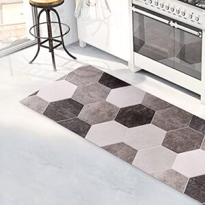 CREARREDA Kitchen Rug 120 x 50 cm Hexagons Grey Vinyl Non Slip and Washable Kitchen Runner Vinyl