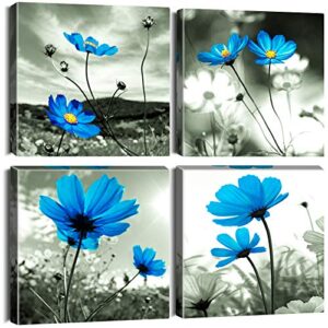 Artscope 4 Pieces Wall Art Canvas Prints - Blue Flowers Picture Painting- Modern Wall Artwork Framed for Bathroom Home Office Decor - 30 x 30 CM