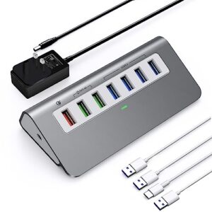 USB Hub Powered 3.2 10Gbps 7-Port USB Data Hub Aluminum USB Extension Splitter with 1 QC 3.0 18w Port