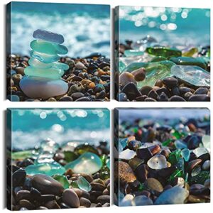 Sungeek Canvas Wall Art Prints 4 Pieces Modern Picture Framed Beach Stones Artwork Paintings for Bedroom Living Room Kitchen 30x30cm Home Wall Decoration Paintings