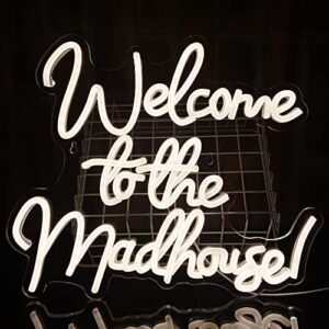 PILOYINDE Welcome to Madhouse Personalised Led Sign Neon Lights for Bedroom USB Acrylic Neon Signs Party Room Decor Folk Hotel Decor LED Letters Welcome Neon Wall Light (14.2 x 12.4 in)