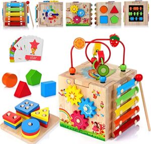 HELLOWOOD Wooden Activity Cube Baby Toys