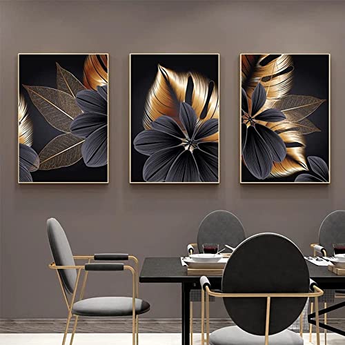 Set of 3 Canvas Wall Art Painting - Modern Abstract Black Golden Leaf Plant Nordic Decorative Artwork for Bedroom Kitchen Living Room Home Decor No Frame