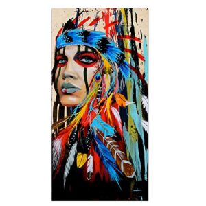 Native American Indian Girl Wall Art Canvas Painting Women Chief with Colorful Feathers Ethnologic Accessories Modern Poster Picture Vertical Artwork