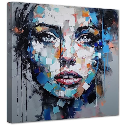 LZIMU Abstract Woman Face Canvas Wall Art Blue Colorful Graffiti Girls Pictures Prints Modern Artwork for Girls Room Bedroom Home Decor Framed (Abstract-1