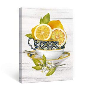 SUMGAR Yellow Canvas Wall Art Lemon Slice Modern Kitchen Pictures Mosaic Cup Rustic Pictures English Style Afternoon Tea Prints Artwork Fruit Framed Painting for Living Room Bedroom Bathroom 30x40 cm