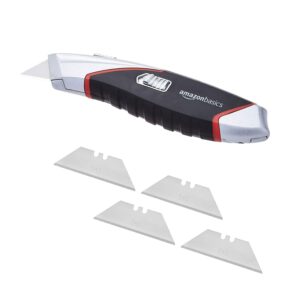 Amazon Basics Heavy Duty Retractable Auto-Load Ergonomic Utility Knife 3-Position Locking Blade with 4 Replaceable Blades in Designed Storage