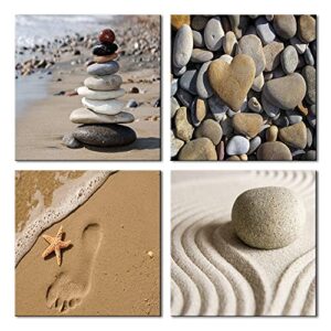 Wieco Art - 4 Panels Romantic Beach Theme 4 x 12" x 12" Modern Sea Beach Artwork Ocean Giclee Canvas Prints Abstract Seascape Pictures to Photo Paintings on Canvas Wall Art for Home Decorations Wall Déco