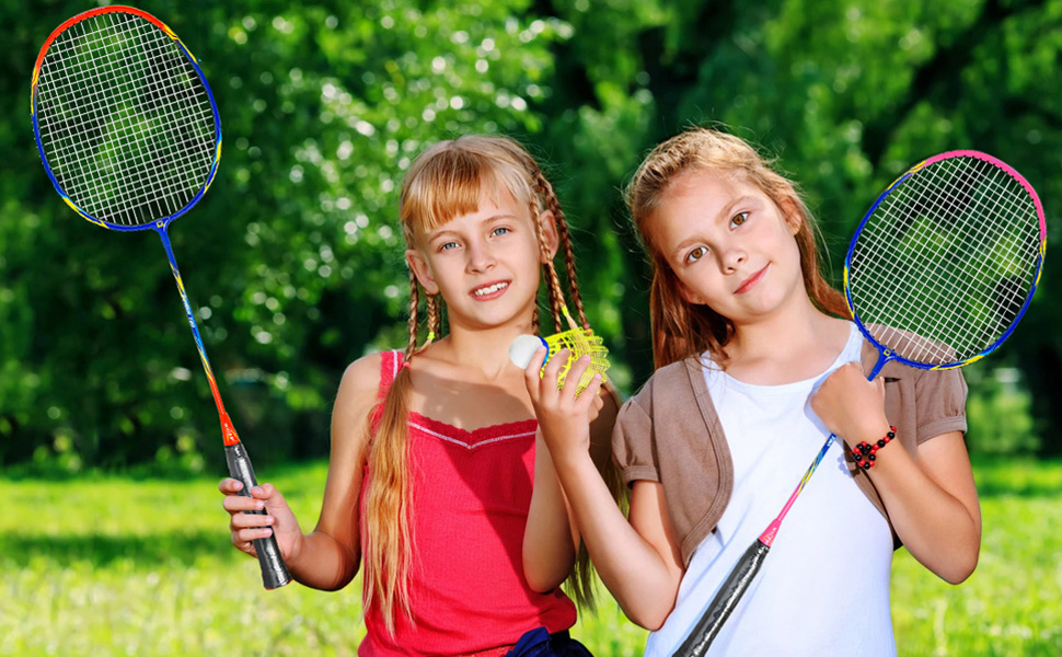 Badminton Rackets Set with Shuttlecocks, Overgrips and Carry Bag for Adults & Children 