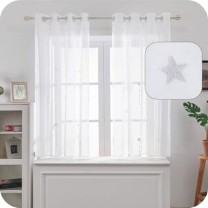 Amazon Brand - Umi Embroidered Shooting Stars Pattern Sheer Curtains Eyelets Linen Effect Voile Curtains Super Soft Net Curtains for Living Room 55 x 71 White Two Panels