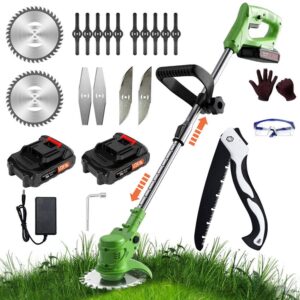 21V Cordless Strimmer with 2Pcs 2.0Ah Battery and Charger Battery Strimmer with 4 Types Blades Lightweight Cordless Grass Trimmer Height Adjustable Garden Strimmers Electric for Yard and Garde