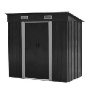 Garden Storage Shed Metal 6 x 4 FT Outdoor with Base Vents Lockable Sliding Doors Sloped Pent Roof for Patio Backyard Bike Tool All-Weather (Grey)