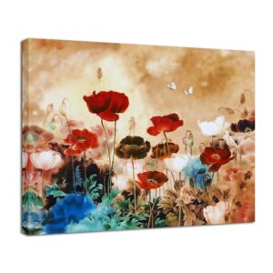 Wieco Art - Blooming Poppies Modern Stretched and Framed Floral Giclee Canvas Prints Flowers Artwork Colorful Flowers Pictures Paintings on Canvas Wall Art for Living Room Bedroom Home Decorations
