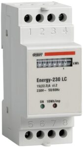 VEMER VN960100 Model ENERGY-230 LC DIN-Rail mounting Energy Meter to Display Active Energy Consumption in Single-Phase Systems. Direct max Current 22