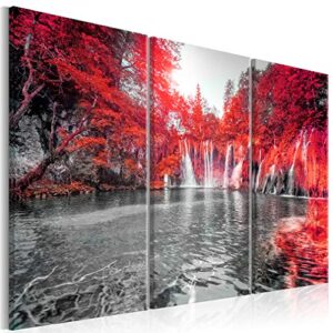 decomonkey | Canvas Print Forest Waterfall | Full Size 90x60 cm | Wall Art Wall Picture Non-Woven Canvas | Red Black Abstract Nature Artwork Decoration Print Decor Living Room | Set of 3 Panels 30x6
