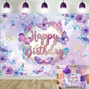 BINQOO 7x5FT Purple Butterfly Flowers Birthday Backdrop Wonderland Butterfly Kisses Gold Glitter Floral Background Girl 1st Baby Shower Party Photography Supplies