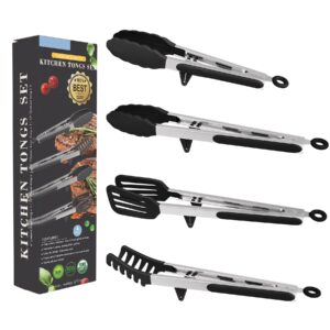 4in1 Stainless Steel Kitchen Food Tongs Set for Cooking with BPA Free Silicone Tips