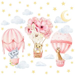 Baby Girl Nursery Wall Decals Flowers Hot Air Balloon Animal Wall Decals Peel and Stick Giraffe Elephant Wall Stickers Baby Room Decor Jungle Animals Wall Art Stickers for Kids Bedroom Playroom Deco