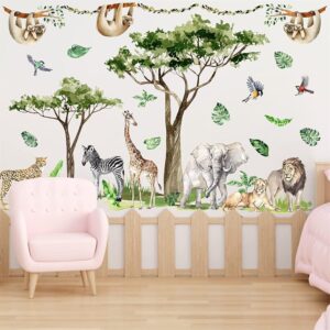 Safari Animal Wall Decals Jungle Tree Animal Wall Stickers African Wild Animal Wall Stickers Jungle Tree Wall Decals Large Zoo Animal Wall Stickers for Baby Room Nursery Living Room