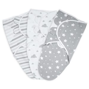 ikads Baby Swaddle Blanket 0-3 Months - 100% Breathable Organic Cotton Fabric - Baby Swaddle Wrap for New Born - Pack of 3 Baby Swaddles for Newborn with Hooks & Loop (Grey)