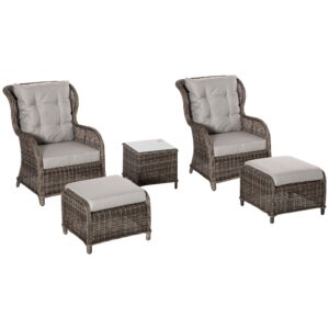 Outsunny 5 PCS Deluxe Garden Rattan Furniture Sofa Chair & Stool Table Set Patio Wicker Weave Furniture Set Aluminium Frame Fully-assembly - Brow