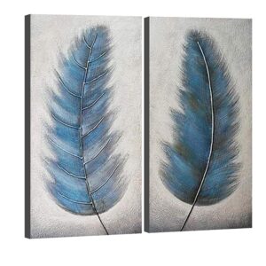 Wieco Art Large 2 Panels Abstract Grey Blue Feather Oil Paintings on Canvas Wall Art for Living Room Bedroom Home Decorations Modern 100% Hand Painted Contemporary Landscape Artwork