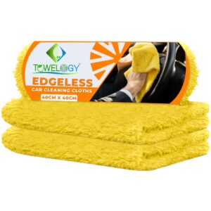 Towelogy&reg; Premium Edgeless Microfibre Cloth for Car Drying and Detailing Dual Sided Piles Ultra Plush Scratch Free Cleaning Auto Towels 40x40cm (Yellow