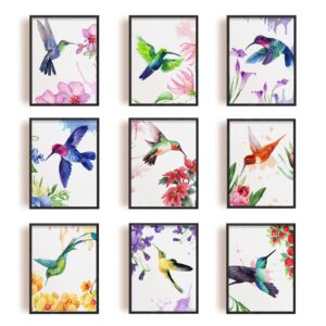 SUPERDANT 9 PCS Hummingbirds Unframed Canvas Prints Watercolor Wall Art Print Birds with Flower Canvas Print Animals Artwork Abstract Painting Vintage Wall Decor for Bedroom Office Decoratio