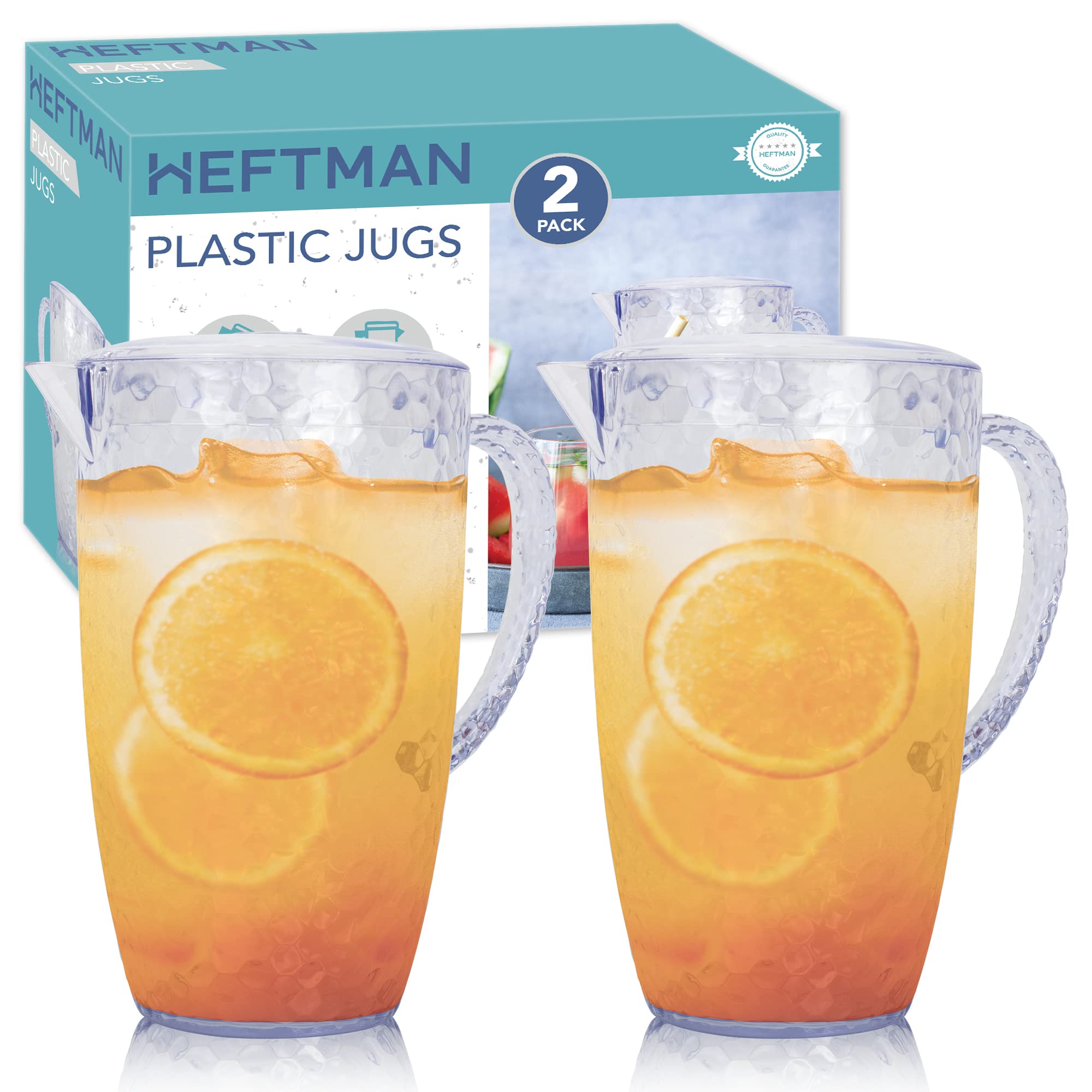 HEFTMAN 2 Plastic Pitchers - 2L Cocktail Jugs with Lid & Vented Spout Ideal for BBQ's