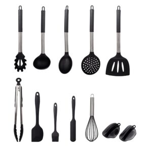 Innoteck Essentials Kitchen Silicone Cooking Utensil Set - 12 Pcs Cooking & Desert Making Tools - Stainless Steel handle Kitchen Utensil Sets with pair of silicone gloves for Nonstick Cookware - Black