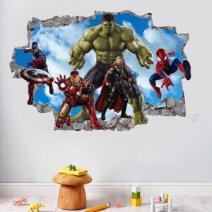 3D Avengers Breaking Through Wall Sticker 3D Hulk Captain America Children Boys Wall Decals Peel and Stickers for Walls Bedroom Living Room Home Décor(15.7X23.7) Inch