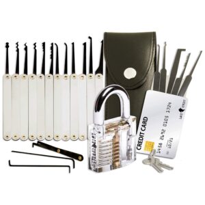 20-Pieces Lock Picking Set with Transparent Training Padlock and Credit Card Lock Pick Set by LockCowboy | Bonus E-Guide for Beginner and Pro Locksmiths