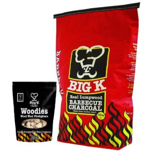 Big K BBQ Grill Charcoal Bulk - Real Lumpwood Charcoal 10kg Bag with 300g Woodies Natural Firelighters & Topline Card for Outdoor Barbeque