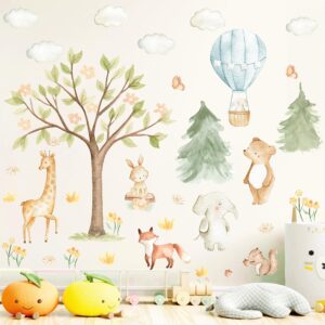 Nursery Wall Stickers Watercolor Flowers Tree Animal Wall Stickers Jungle Animals Baby Wall Decals Removable Bear Elephant Forest Wall Stickers for Kids Room Girls Boys Bedroom Living Room Home Deco