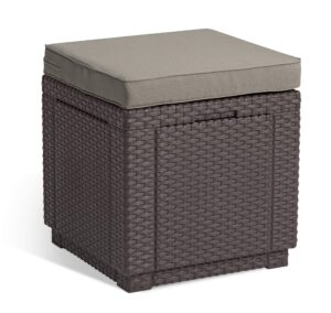 Allibert by Keter Outdoor Garden Storage Seat Stool with Cushion - Brown with Taupe Cushio