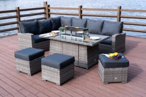 Rattan Garden Furniture with Fire Pit Table - Premium Series - 9 Seater Outdoor Furniture Rattan Corner Sofa Corner Garden Furniture Sets - FREE RAIN COVER (Grey