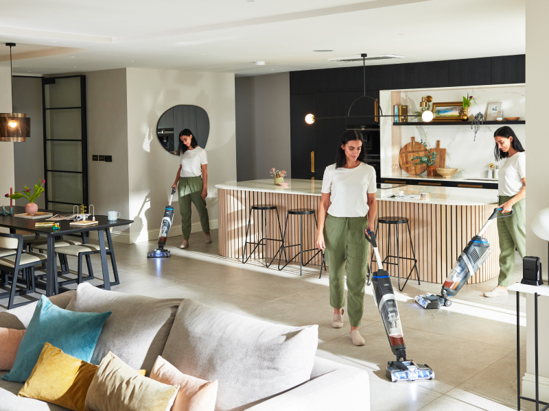 vax glide 2 wide angle shot of open plan kitchen being cleaned