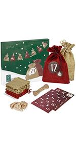 A lovely DIY LIVAIA advent calendar with red and golden jute bags, jute cord and stickers.