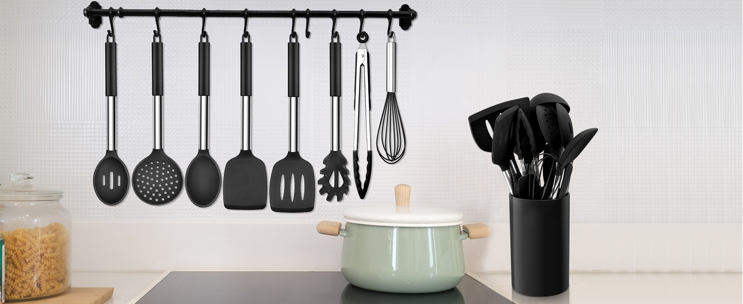 Kitchen utensils cooking silicone set black 6 piece food grade dishwasher safe cookware kitchenware