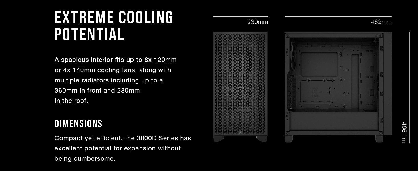 140mm fans, 120mm fans, 360mm radiator, 280mm radiator, gaming pc case