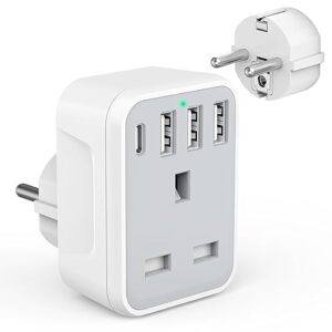 UK to European Travel Adaptor with 4 USB Ports(1 USB C)