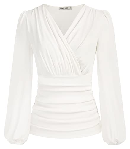 GRACE KARIN Women Casual V Neck Slim Fit Summer Short Sleeve Vintage Shirts Blouse